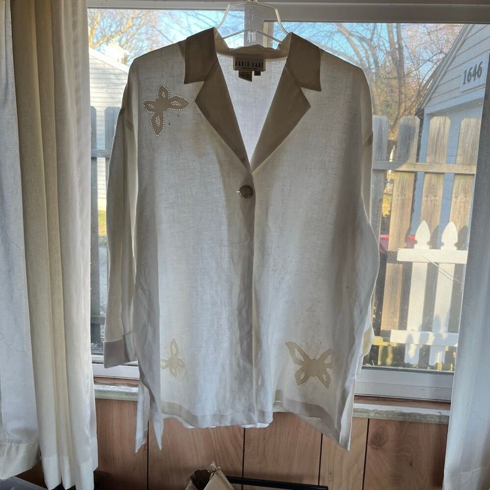 David Dart Linen Blazer Tunic M Oversized Butterfly Embroidery MOP Button
